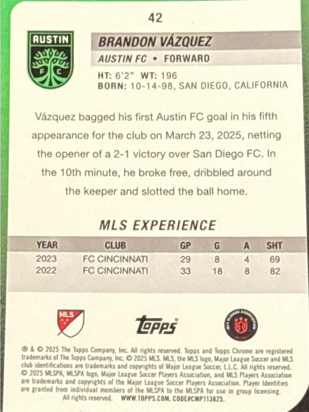Topps Chrome Brandon Vázquez Soccer Card
